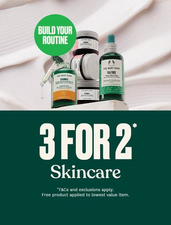 The Body Shop Edelweiss skincare products displayed with greenery and faucet, promoting a '3 for 2' offer in a calm, fresh setting.