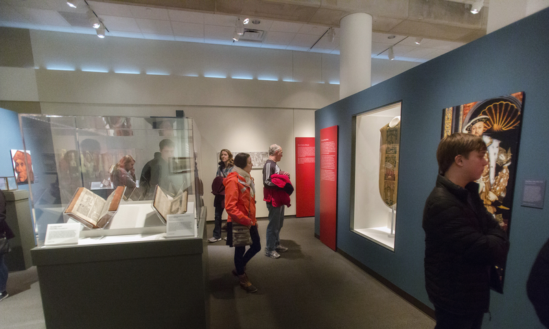 Pilgrims walking through the exhibit on Saint Thomas More at the Saint John Paul II National Shrine