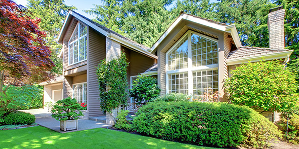 A nice vinyl sided home surrounded by trees and plants