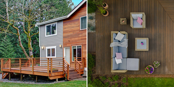 An aerial view contrasting a deck and a patio