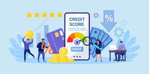 A graphic showing a high credit score and various forms of money like cash and a credit card