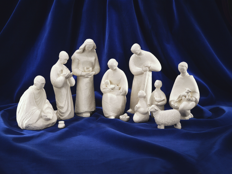 White cement Nativity scene featuring figurines of Holy Family, 3 Magi, a shepherd, two children, and a sheep.