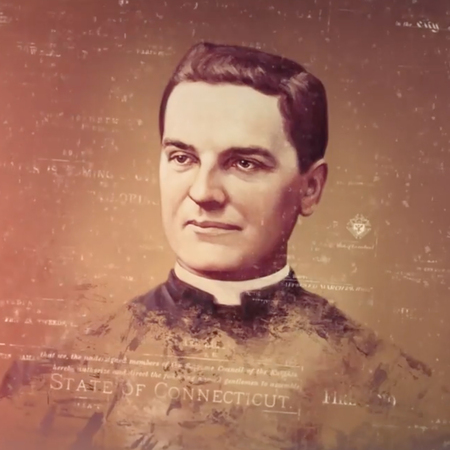 Stylized image of Chas Fagan's painting of Father McGivney. 