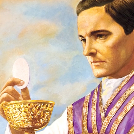 Father McGivney wears purple vestments and holds a chalice and Eucharist in his hands.