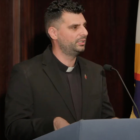 Father Anthony Federico speaks in the Council Chamber of the Blessed Michael McGivney Pilgrimage Center on October 7, 2023. 