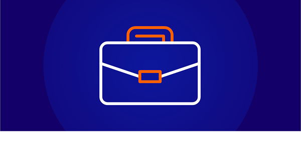 A white line-art icon on a dark blue background showing a professional briefcase with an orange handle and clasp, symbolizing a corporate award or business-related item.