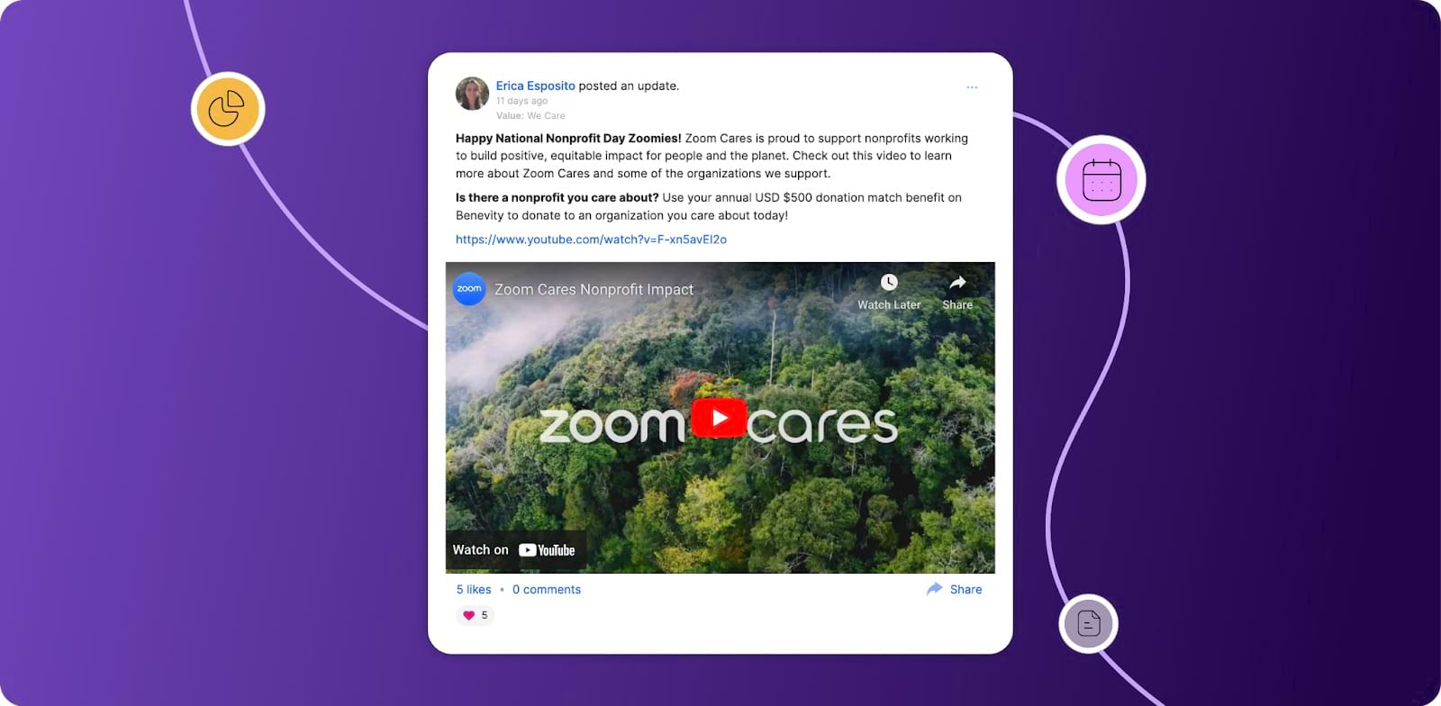 A Zoomie post in the Zoom Cares Space showcasing how Zoom cares about the Community.
