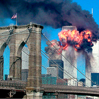 Both towers of the World Trade Center in New York City burn after being hit by planes Sept. 11, 2001.