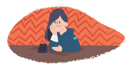 An illustrated person sitting at a table with their head resting on one hand, with a mobile phone placed on the table nearby.