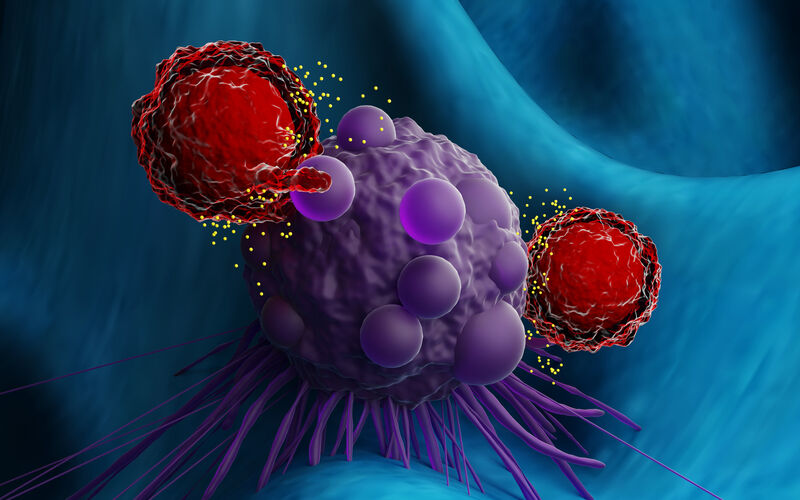 Graphic of a cancer cell being attacked by immune cells