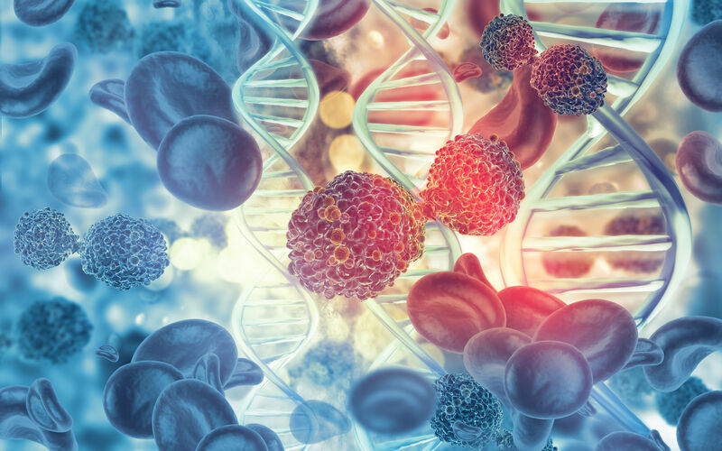 Cancer cells on dna stand background. 3d illustration