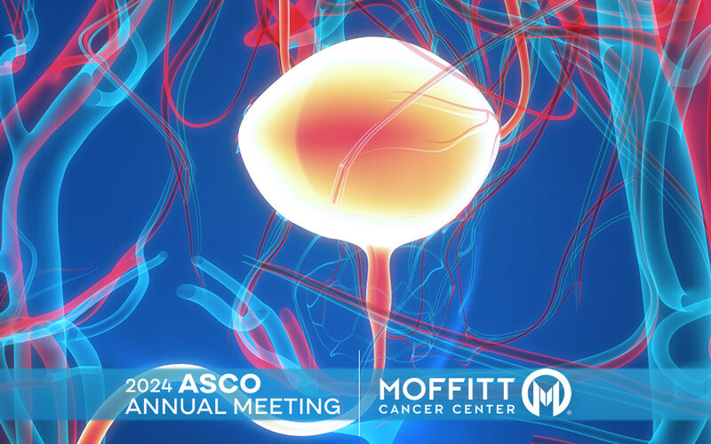 Graphic of lower body with bladder highlighted and the Moffitt logo and words ASCO 2024 