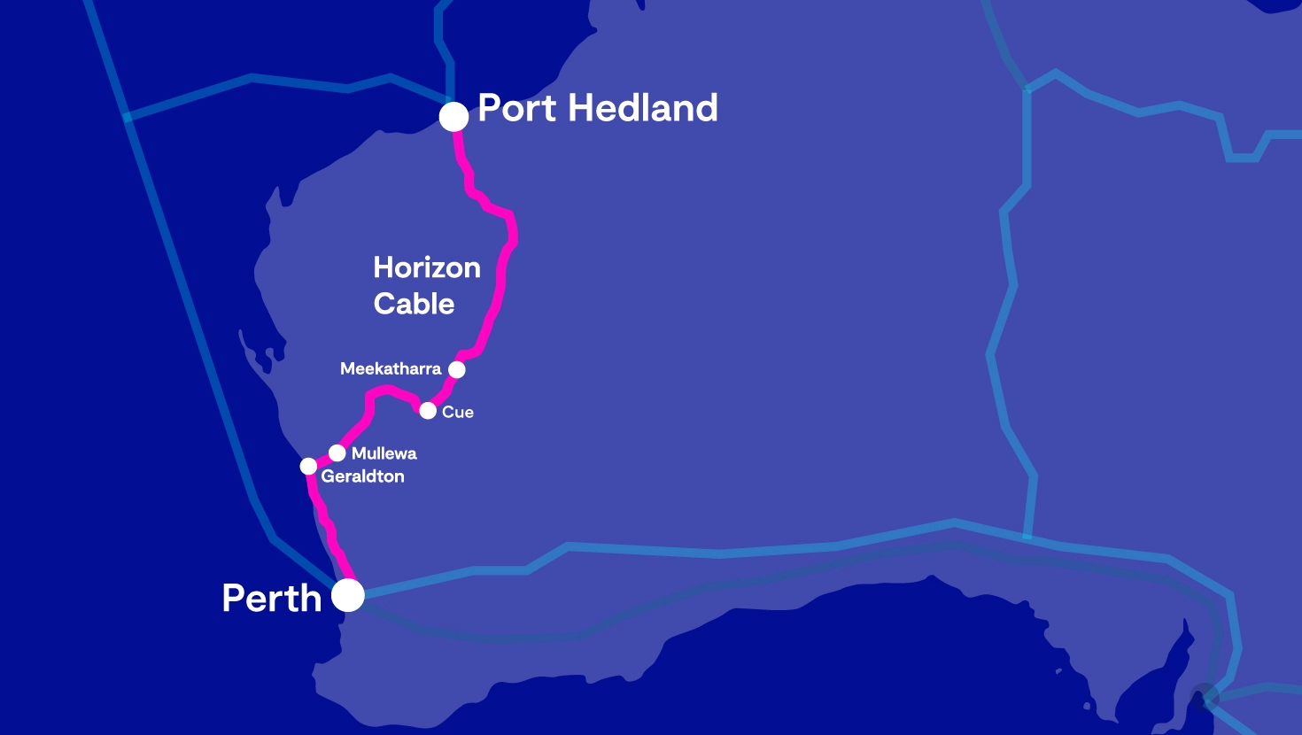 Close-up map of Western Australia showing the Horizon Cable route from Perth to Port Hedland, connecting regional centres including Geraldton, Mullewa, Cue and Meekatharra.