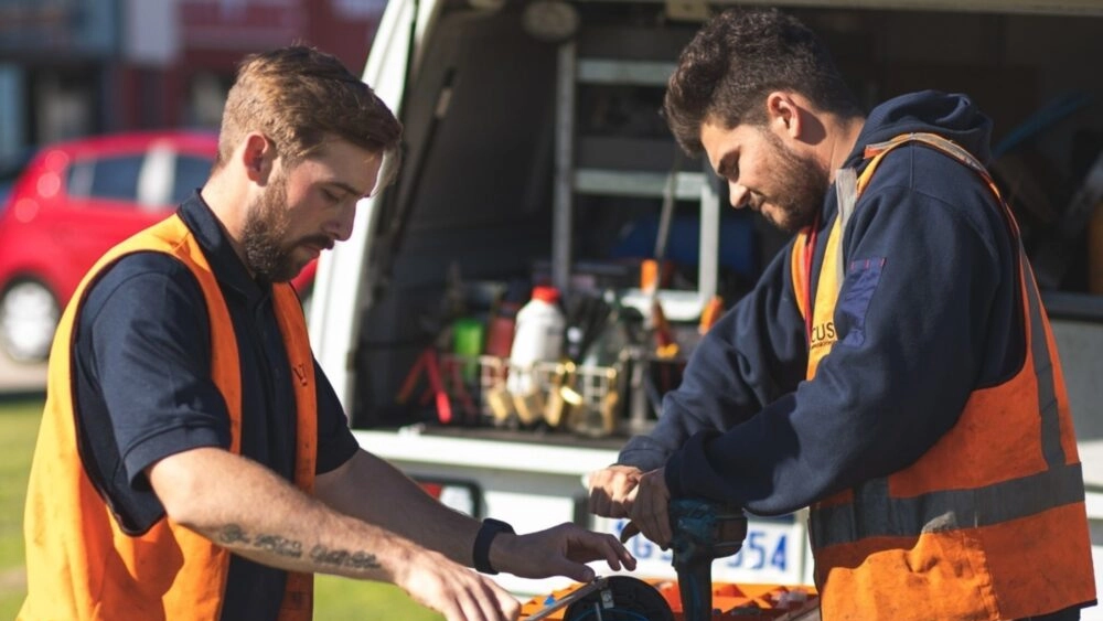 Photo of two Vocus Fibre Workers with cable on a workbench in high vis.